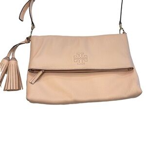 Tory Burch Thea Pebbled Leather Fold Over Crossbody/Clutch W/ Tassel Blush Pink